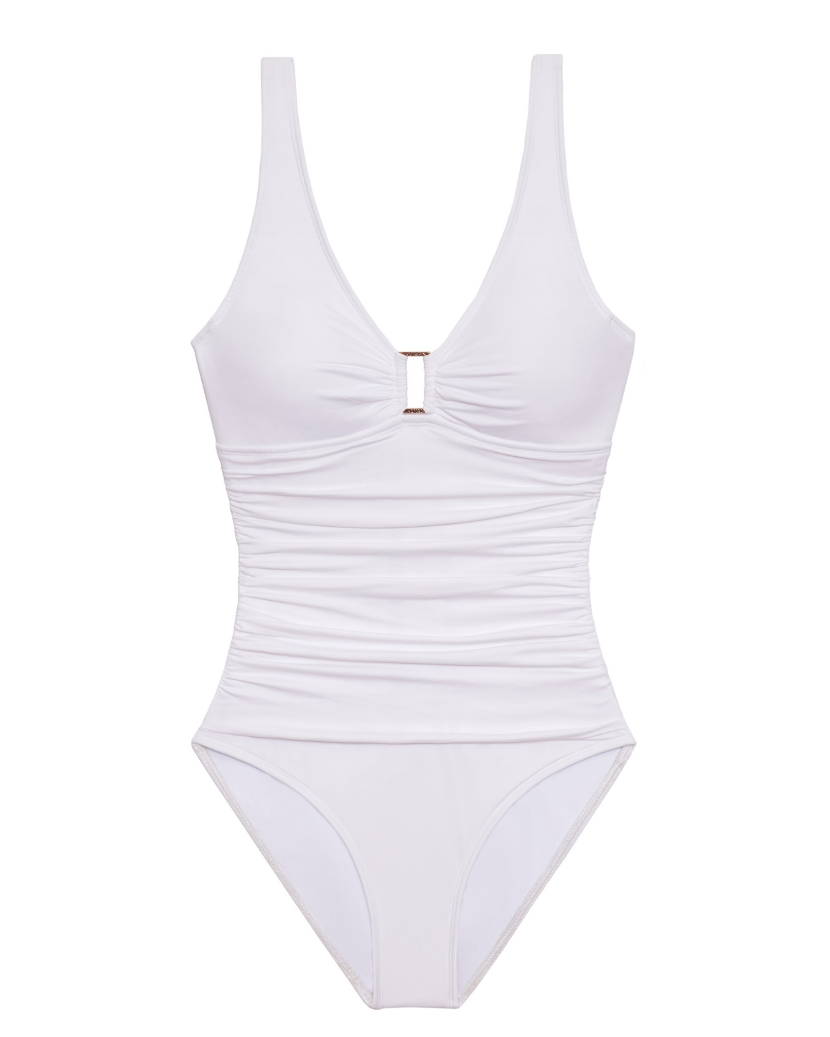 Flay lay of a v-neck one piece with a ring detail and shirred torso in white