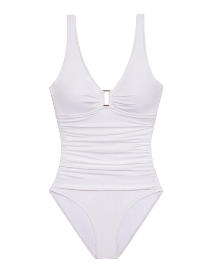 Flay lay of a v-neck one piece with a ring detail and shirred torso in white