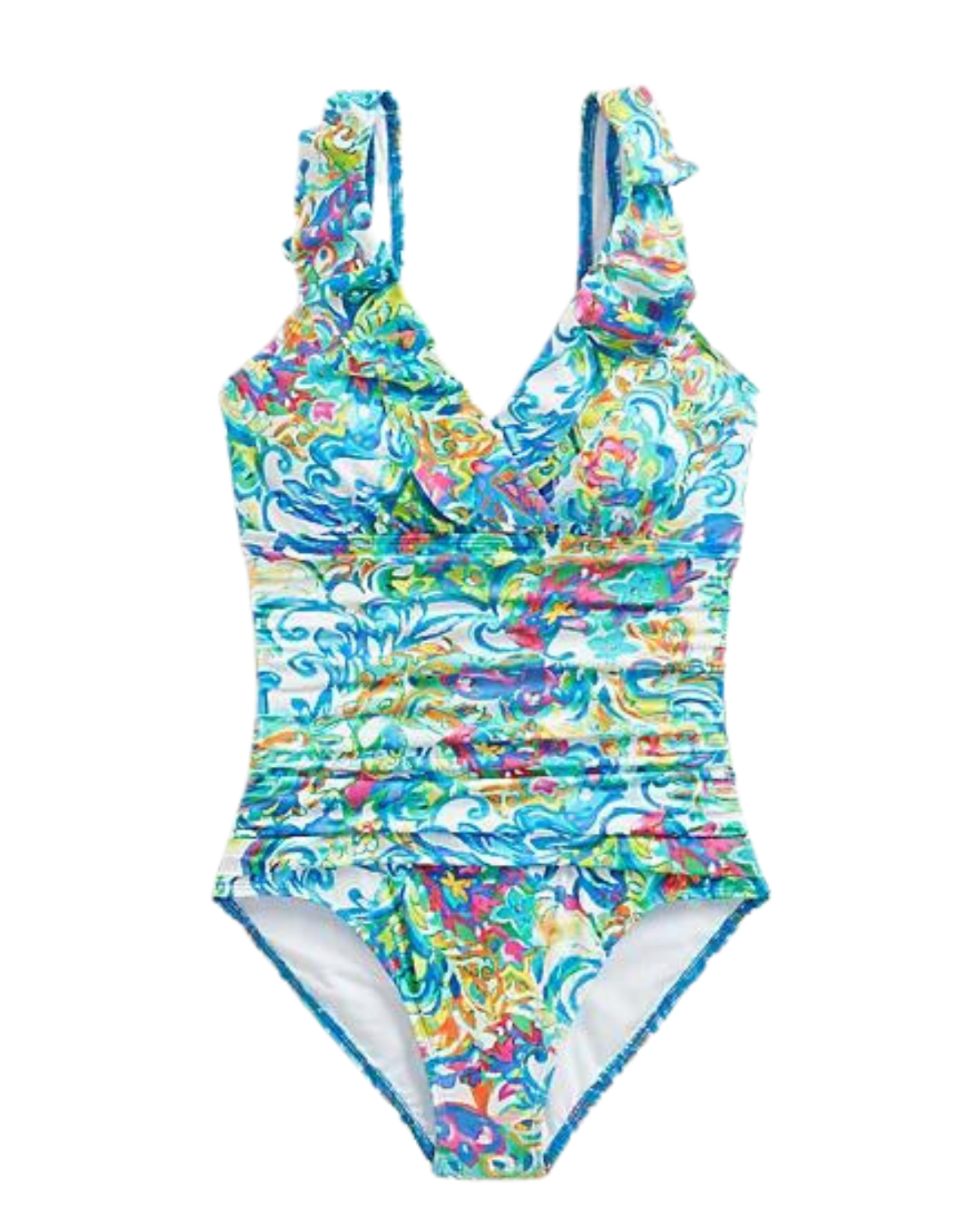 Model wearing a one piece swimsuit with a v-neck ruffle trim and shirred torso in a paisley blue, white, green and yellow multi colored print
