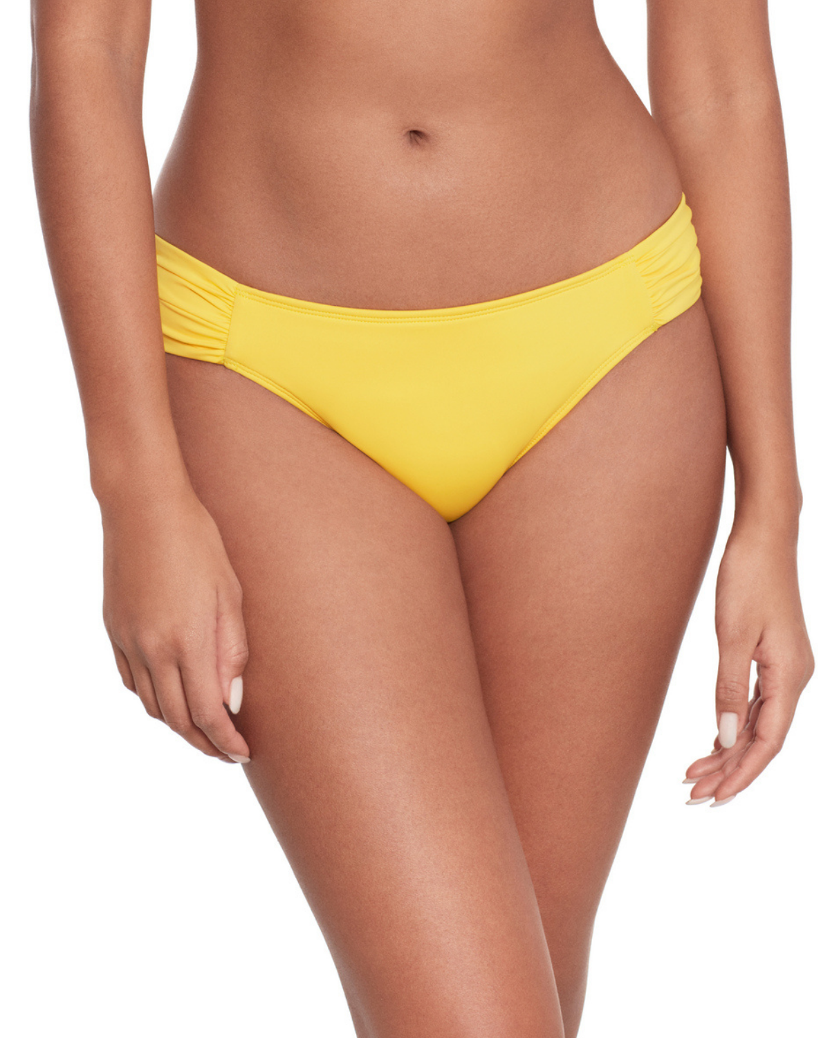 Model wearing a tab side hipster bikini bottom in yellow