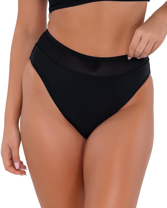 Model wearing high waist high leg brief bottom in black.