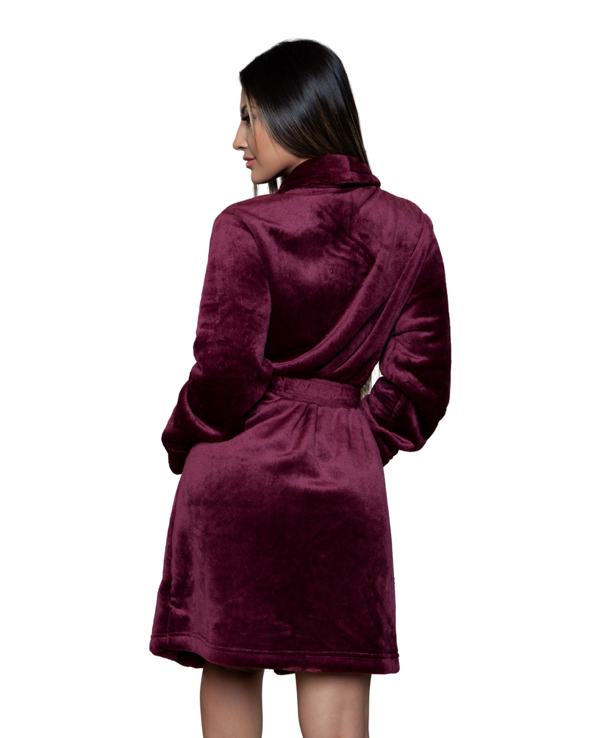 Model wearing a knee length plush robe in maroon