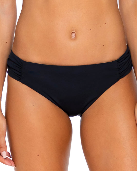 Model wearing a side shirred hipster bikini bottom in black