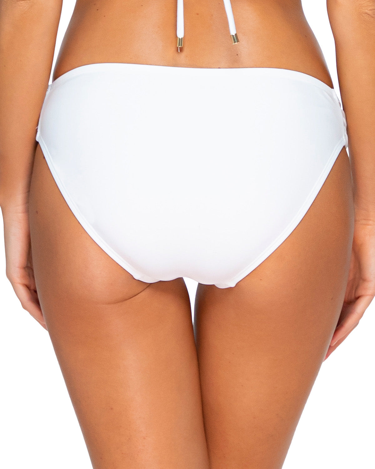 Model wearing a side shirred hipster bikini bottom in white