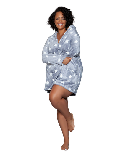 Model wearing a knee length plush robe in grey with white stars