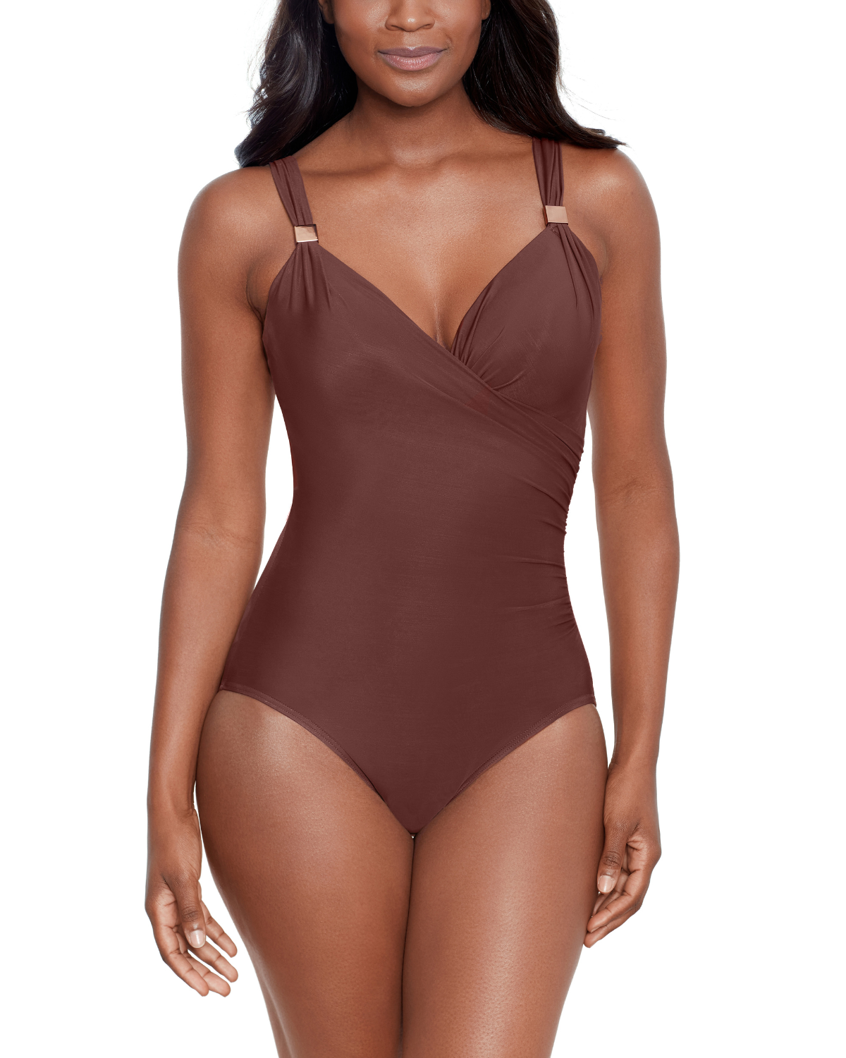 Model wearing a one piece swimsuit with a sweetheart neckline and hidden underwire in brown
