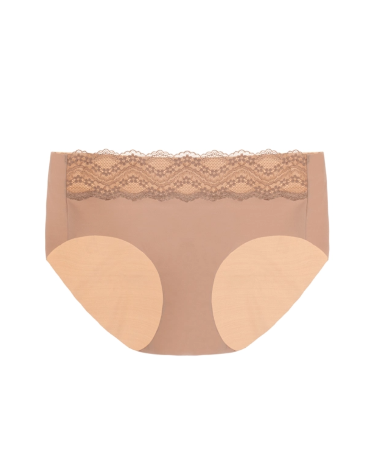 Flat lay on a white backdrop of a beige hipster panty. The front has a lace scallop detail on the band. The back is fully seamless and full coverage