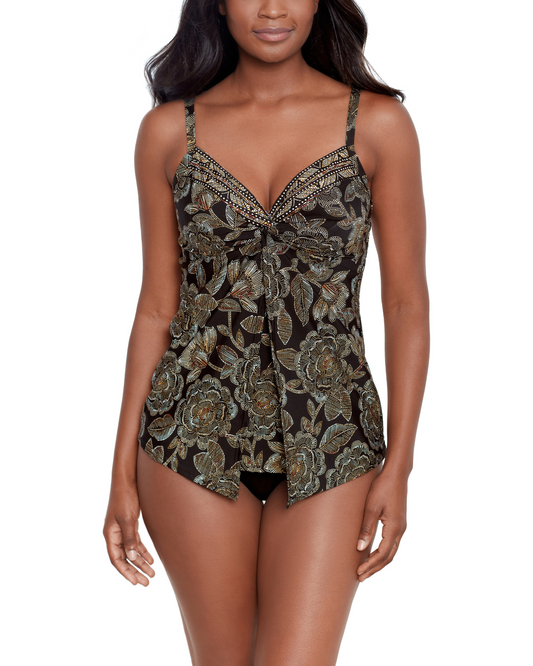 Model wearing a tankini top with hidden underwire in a black, gold, and brown paisley print