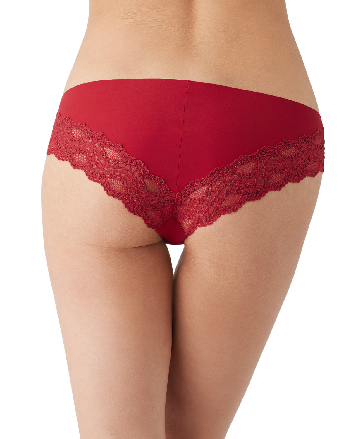 Women's red seamless hipster panty with  cheeky lace back.