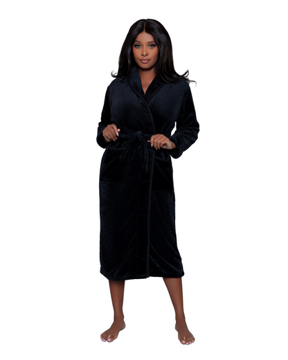 Model wearing a long plush robe in black