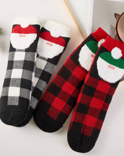 Hana Checkered Christmas Santa Fuzzy Slipper Socks - KSC2601
