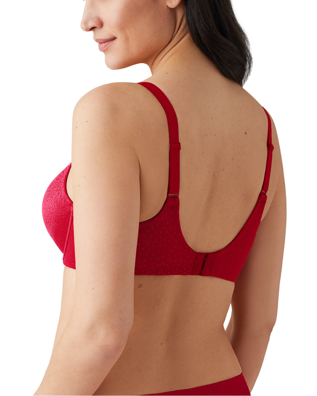 Women's red soft cup underwire bra with wide bands and adjustable straps