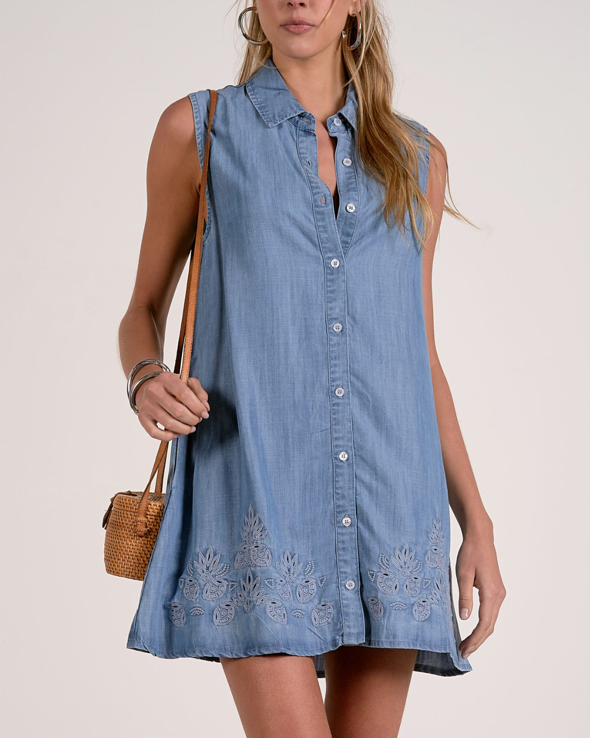 Elan Sleeveless Embroidered Denim Shirt Dress