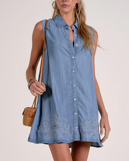 Elan Sleeveless Embroidered Denim Shirt Dress - DTE50127