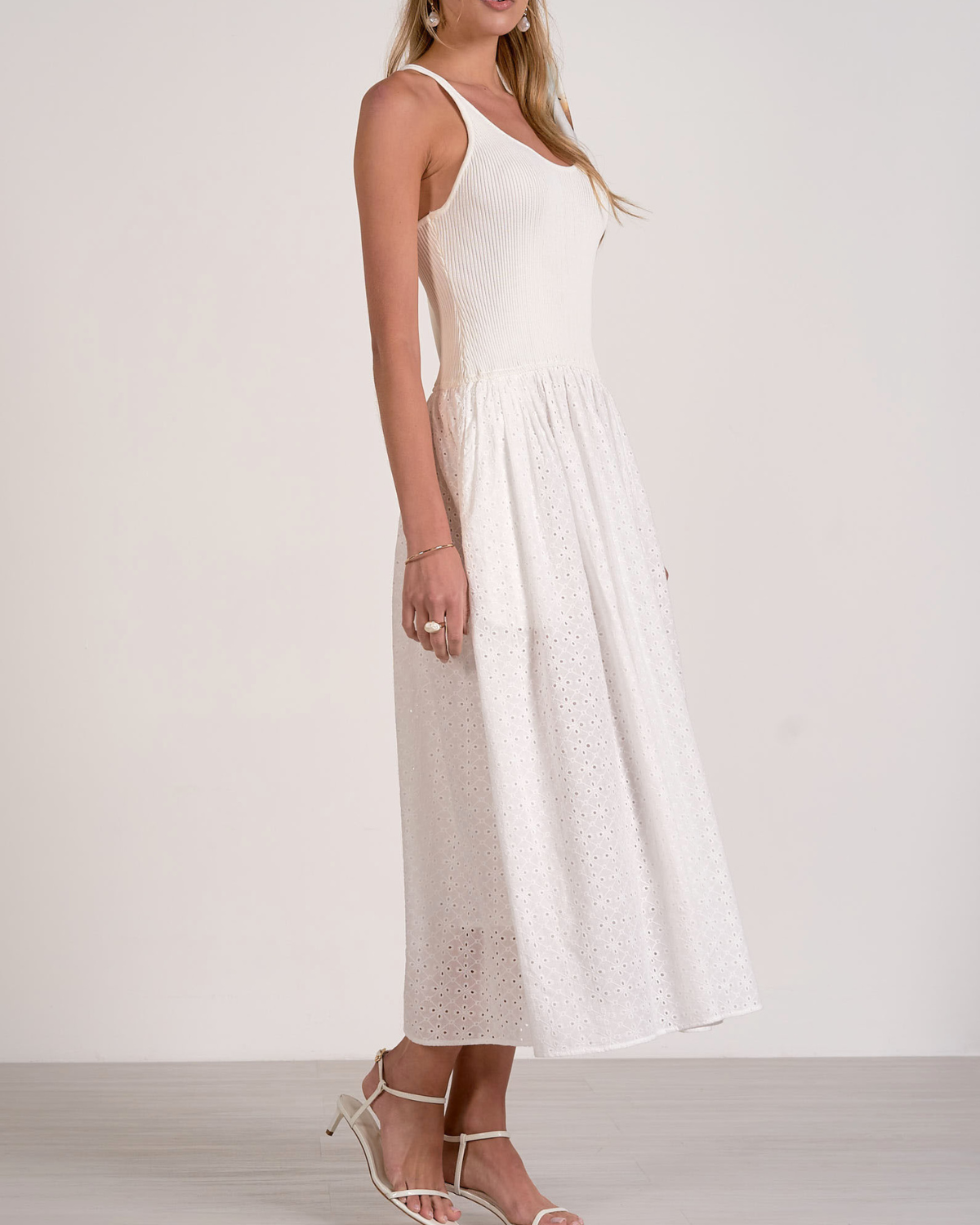 Elan Ribbed Knit Eyelet Sleeveless Maxi Dress - El50217