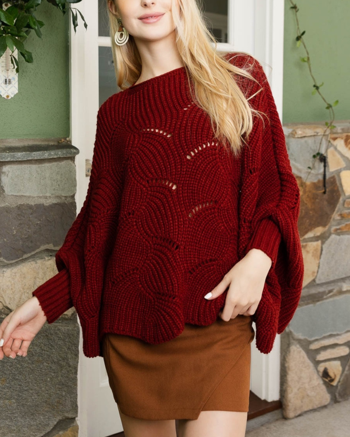 Leto Ribbed Knit Pattern Poncho with Sleeves (More colors available) - Yp-3021