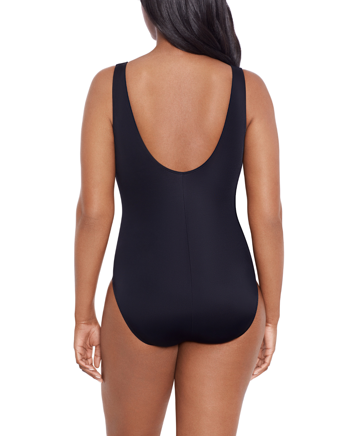 Model wearing a v neck one piece swimsuit in black with a spotted blue, white, navy and black top