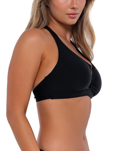 Model wearing a v-wire bikini top with multi-way styling in black.