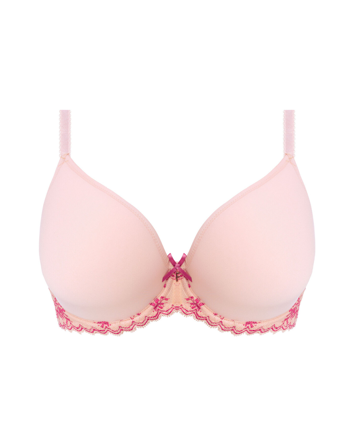 Flay lay of a molded spacer underwire bra in pink with lace wings