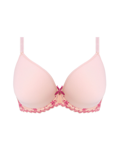 Flay lay of a molded spacer underwire bra in pink with lace wings