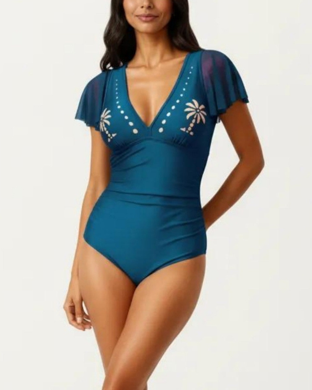 Anna Kaci Flutter Sleeve V Neck One Piece Swimsuit - JP1215