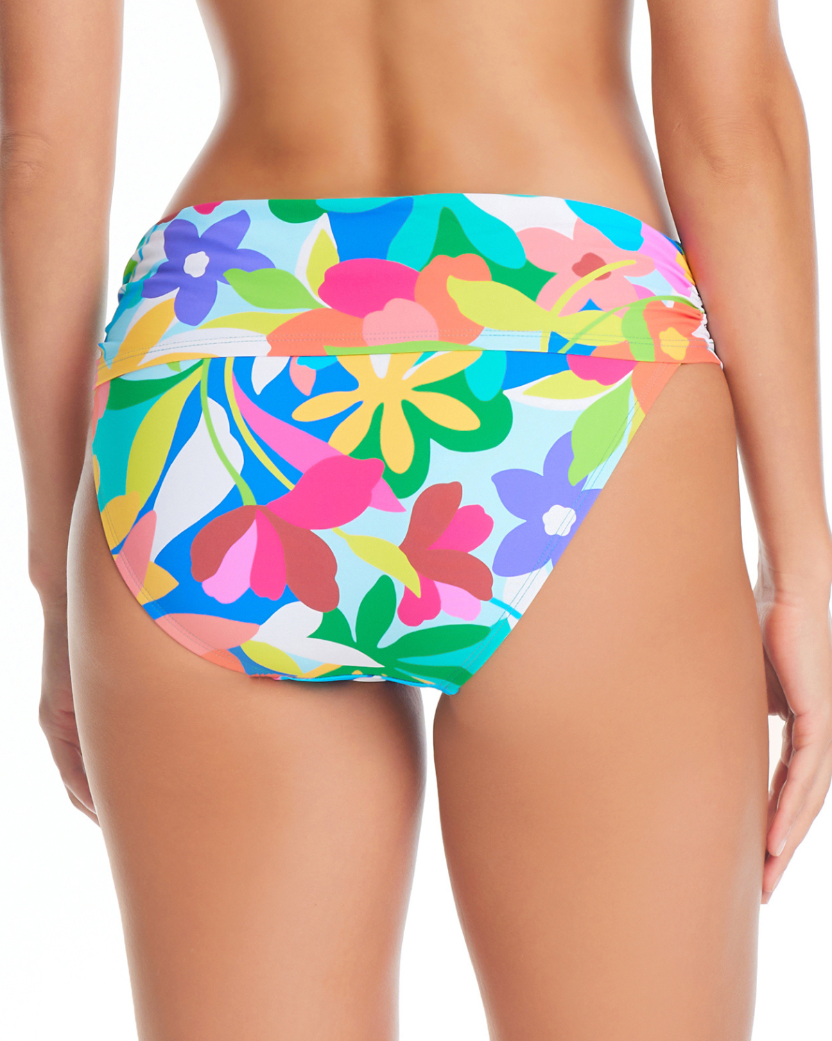 Model wearing a sarong hipster bottom in a blue, white, turquoise, purple, orange, white and red abstract floral print 