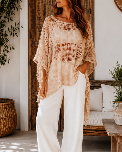 JC Sunny Boho Open Knit Shimmer Poncho Top Lightweight Cover Up (More Colors Available) - JC063501