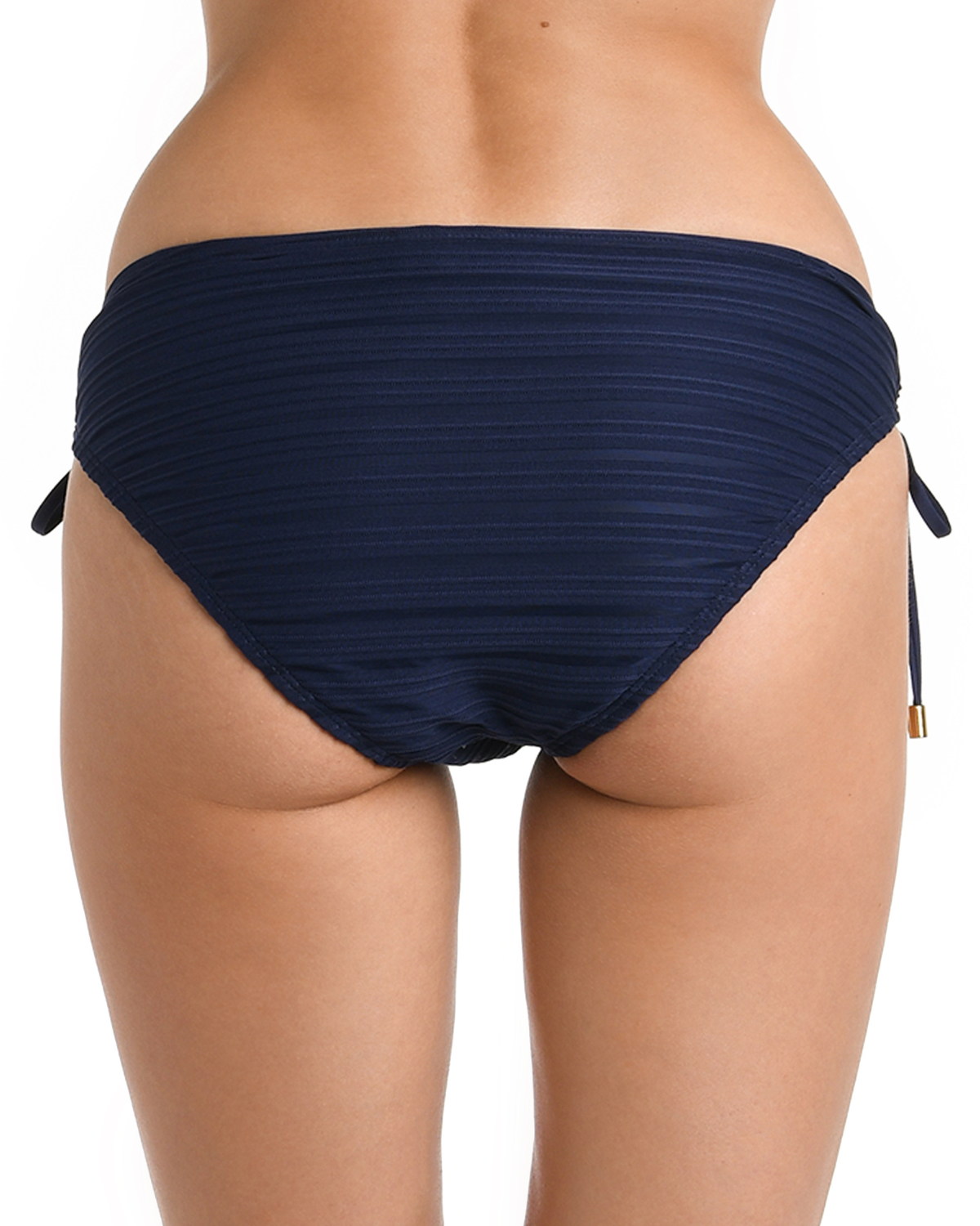 Model wearing a tie side hipster  in an indigo and mesh ottoman stripe design