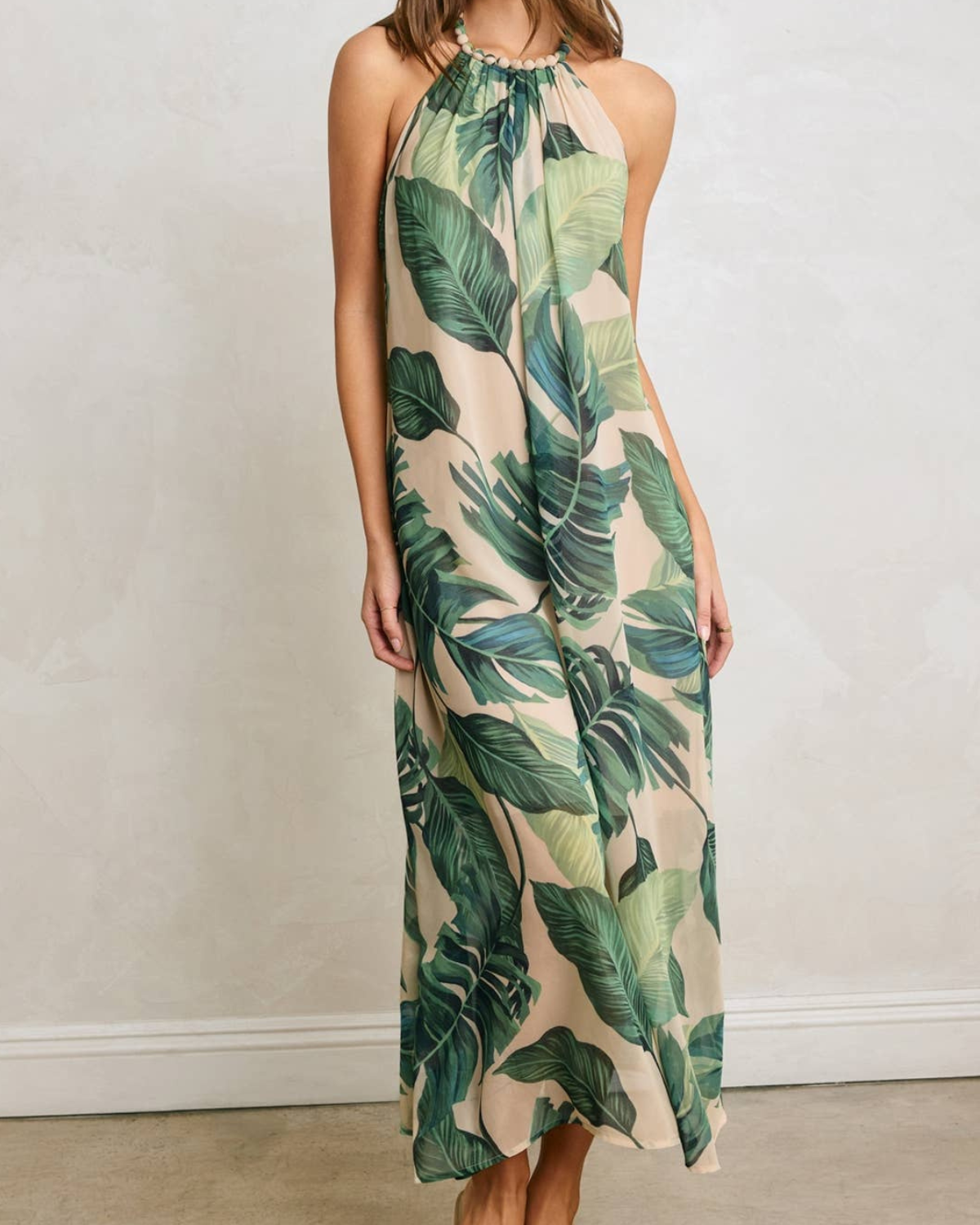 Dress Forum Tropical Leaf Beaded Halter Fluid Dress - FD14111