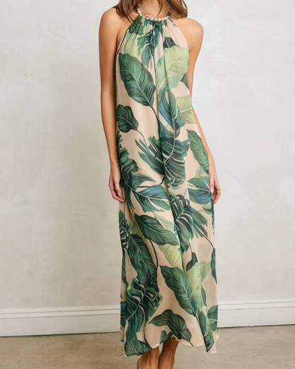 Dress Forum Tropical Leaf Beaded Halter Fluid Dress - FD14111