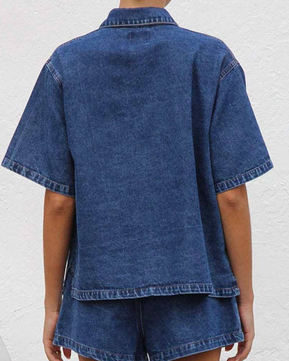 Sweet Kama Denim Turndown Collar Short Sleeve Top - SKST5KC72T