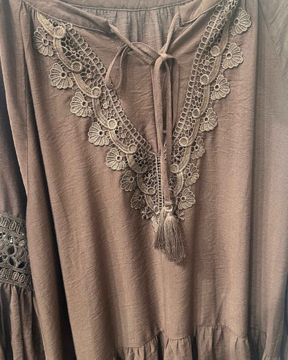 Pick Pink Puff Long Sleeve Embroidery Lace Mini Dress - MNJ2602