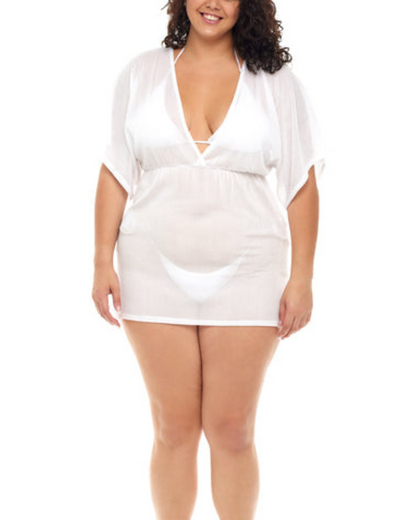 Model wearing a v neck tunic cover up in white