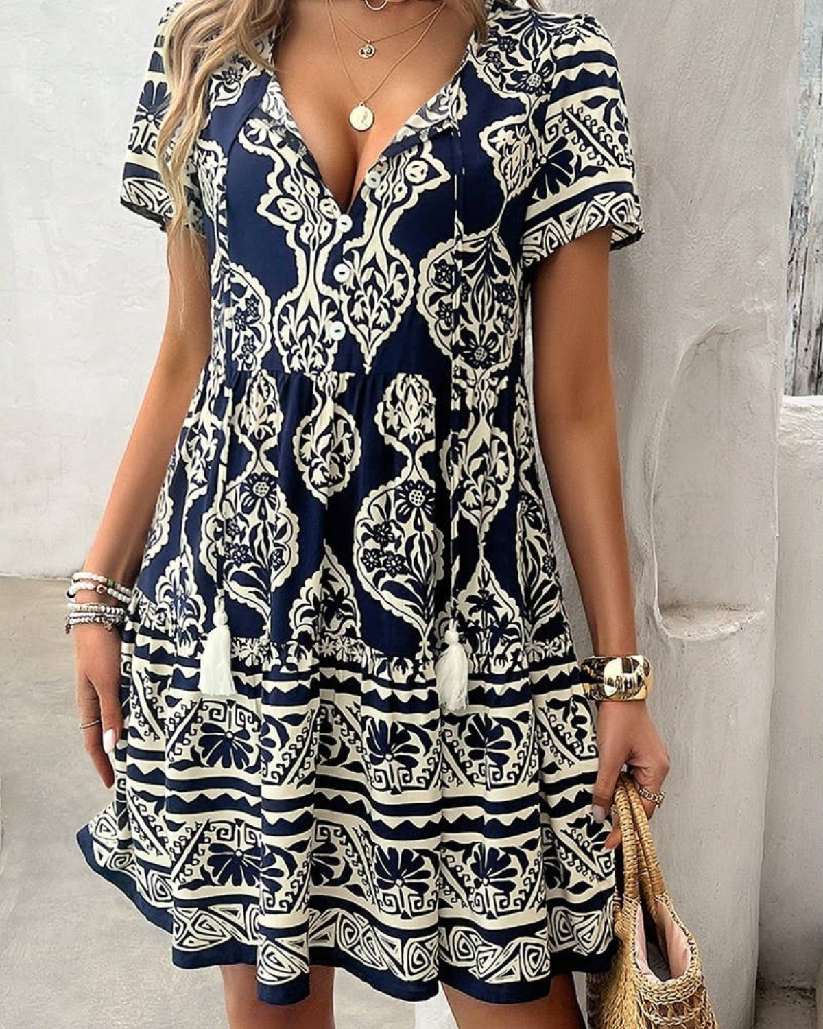Supreme Fashion Deep V Neck All-over Print Ruffle Tassel Dress - D2413021