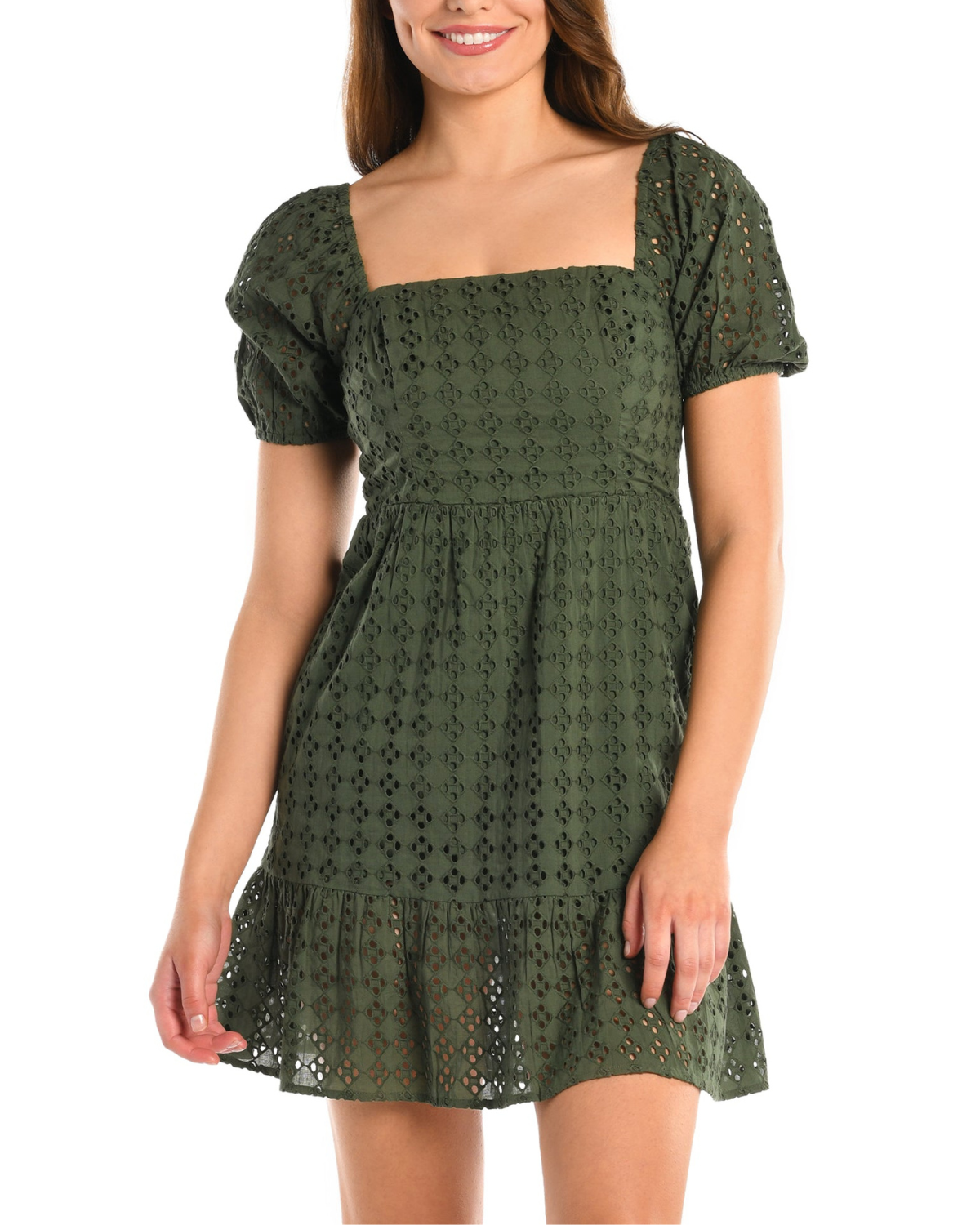 Model wearing a short sleeve cover up dress in forest green