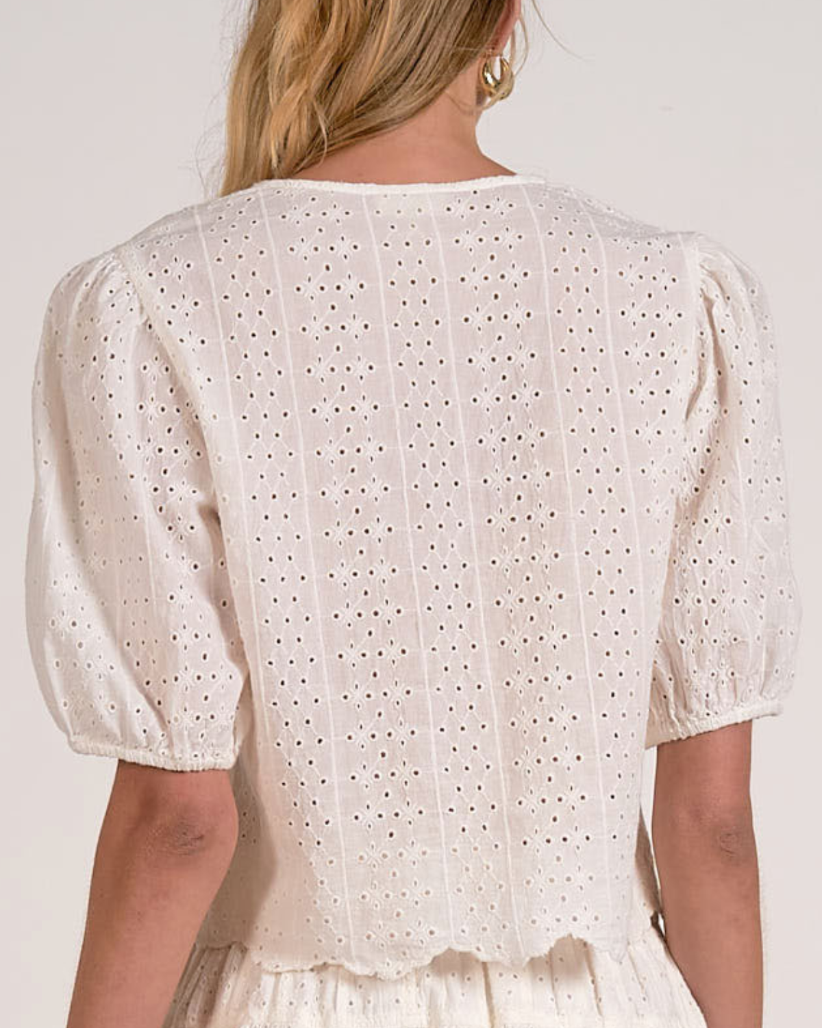 Elan Eyelet Puff Sleeve Crop Top - EL11672