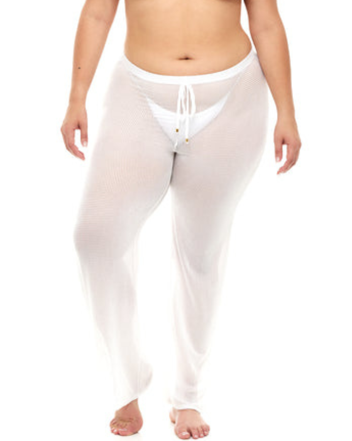 Model wearing a cover up pant in white