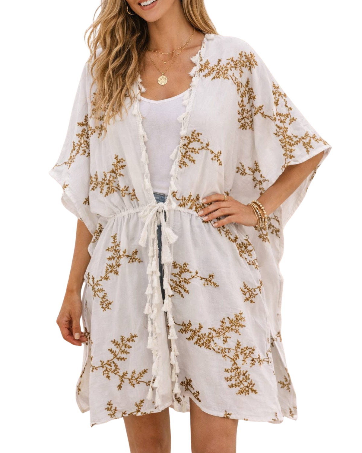 JC Sunny Embroidered Kimono Top with Tassel Trim and Adjustable Waist - JCL903306