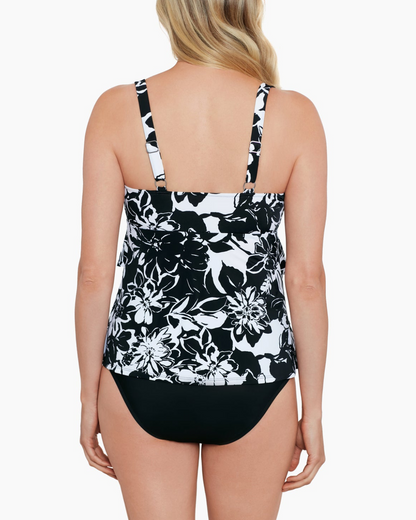 Model wearing a triple tier tankini in a floral black and white print
