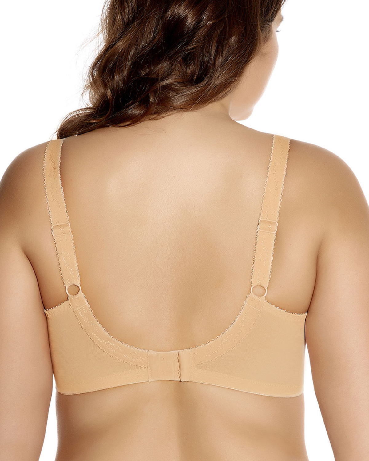 Model wearing a cut and sew banded underwire bra in nude