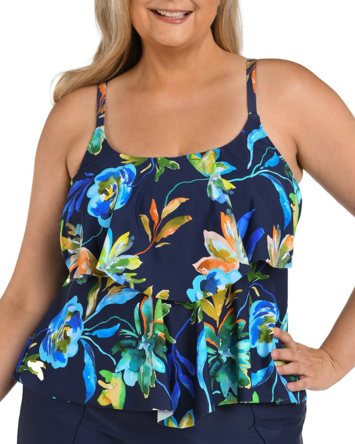 Azul By Maxine Of Hollywood Plus Size Swimwear 2025 Maxine of Hollywood Plus Indigo Vineyard Two Tiered Tankini Top