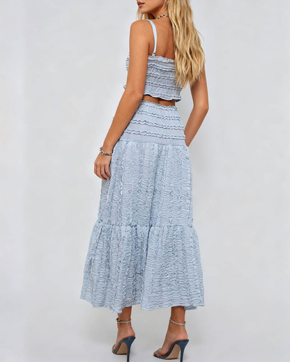 Sweet Kama Romantic Wrinkle Ruffle Cami Top & Tiered Maxi Skirt Set - 85KST6V