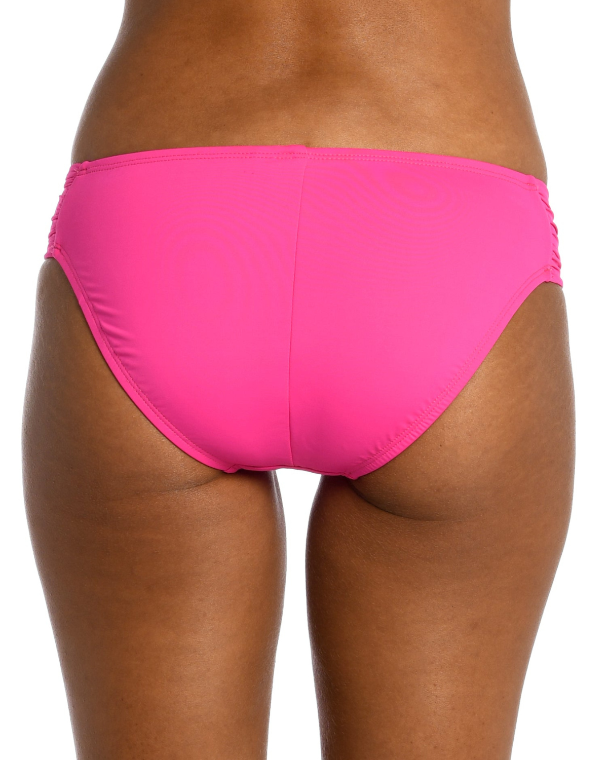 Model wearing a side shirred hipster bikini bottom in pink