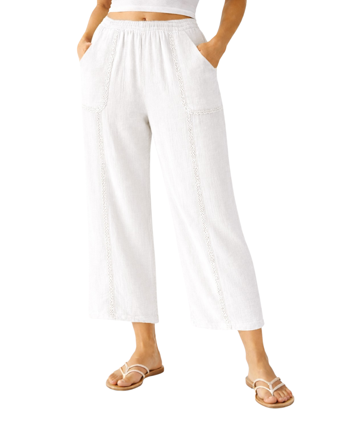 Pine Apparel Cotton Gauze Cropped Wide Leg Pant w/ Crochet Lace Trim (More Colors Available) - 5073301