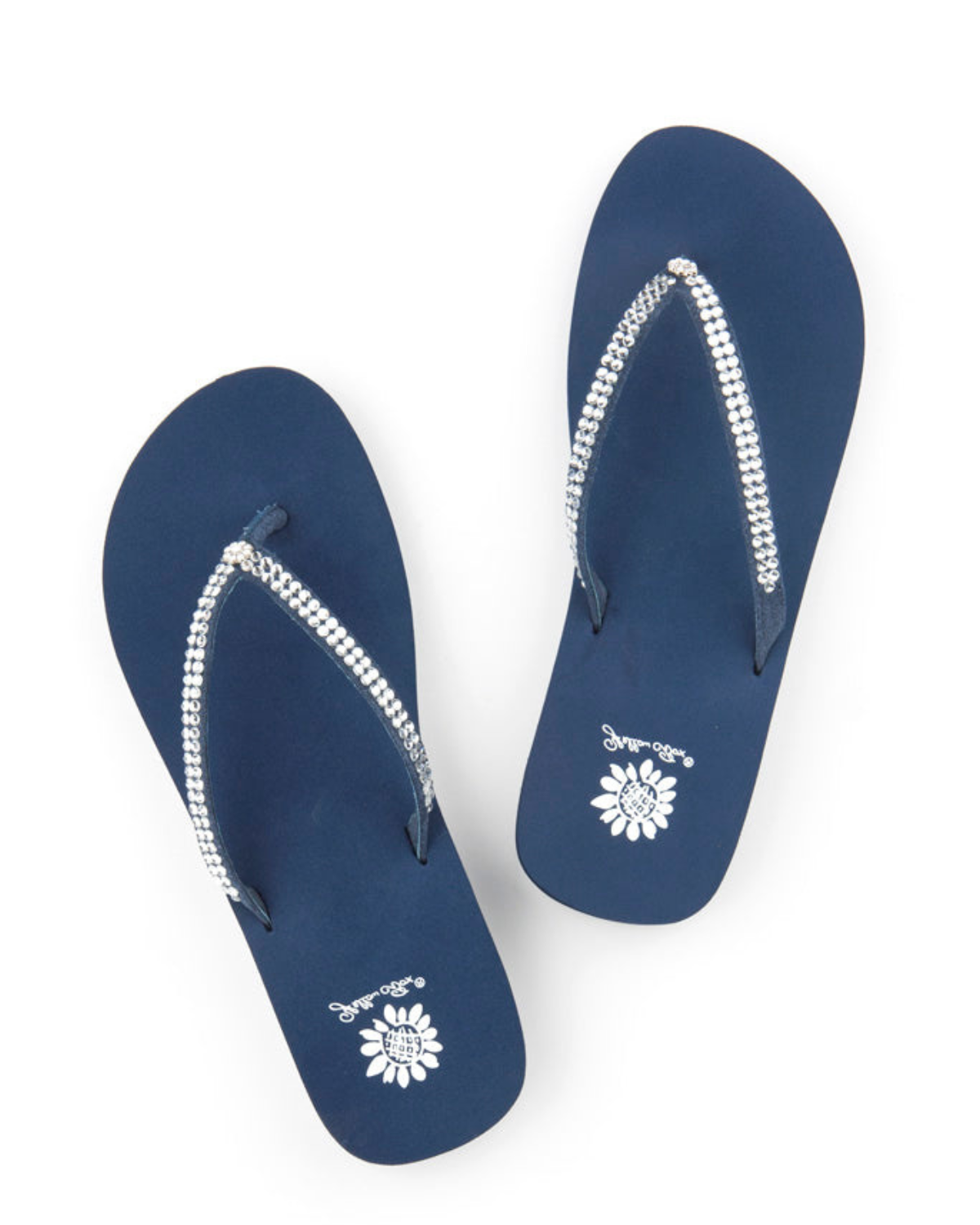 Women's blue wedge sandal with rhinestones on the strap.