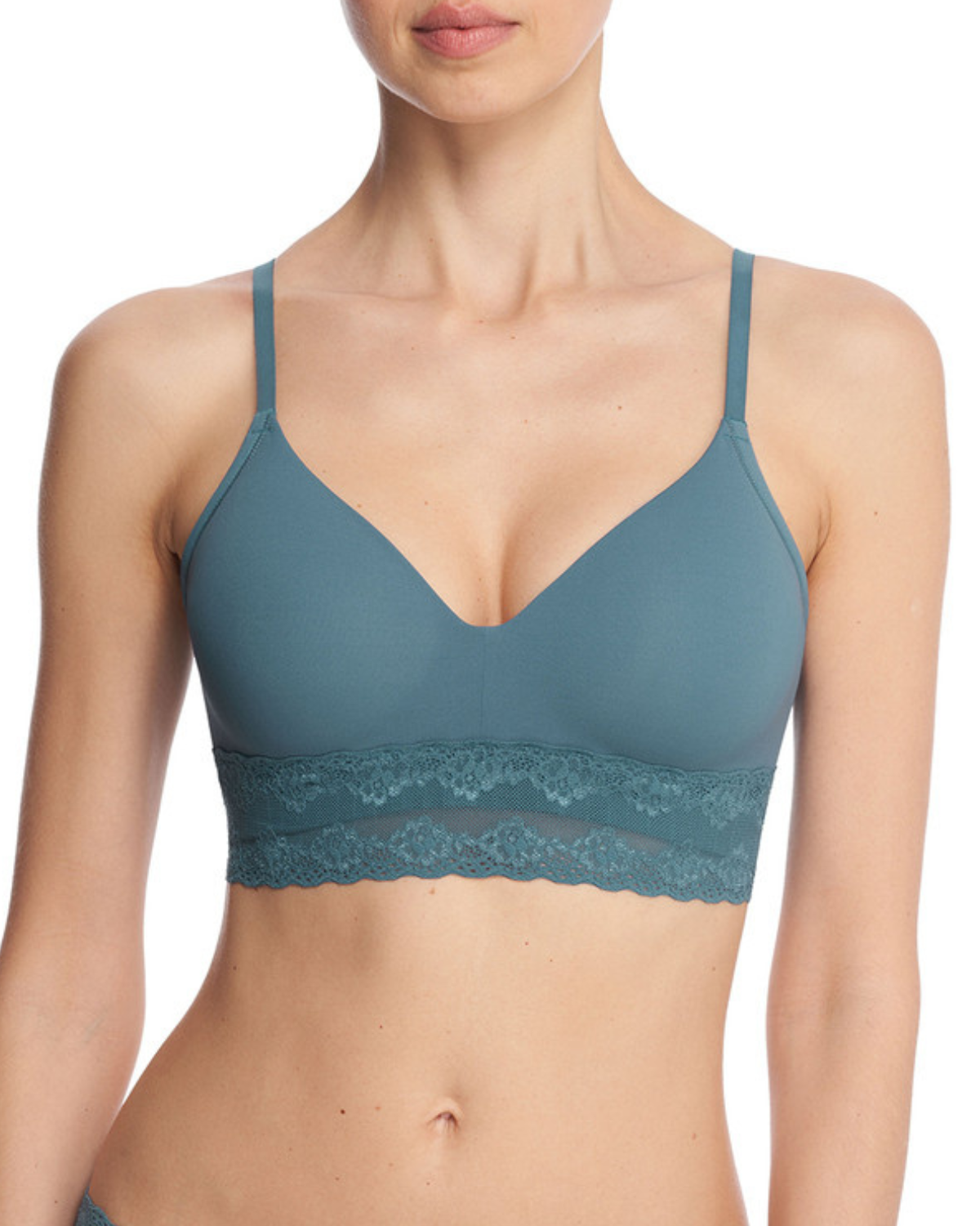 Model wearing a wire free t-shirt bra with a lace band in  blue