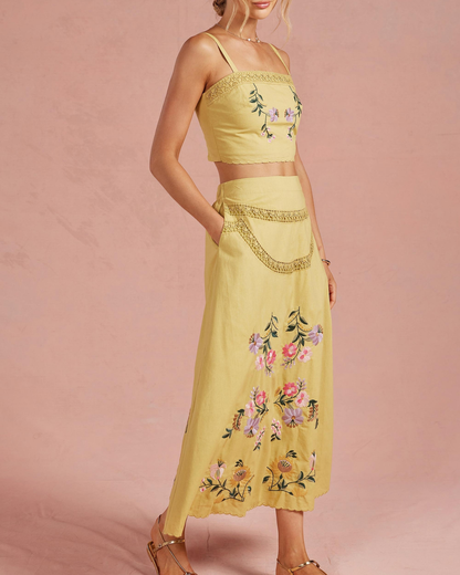 Strut & Bolt Embroidered Floral Lace Detail Top Skirt Set - Ssb-Set-0068