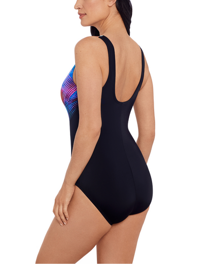 Model wearing a high neck one piece with a scoop back in black with a rainbow crosshatch detail across the front.