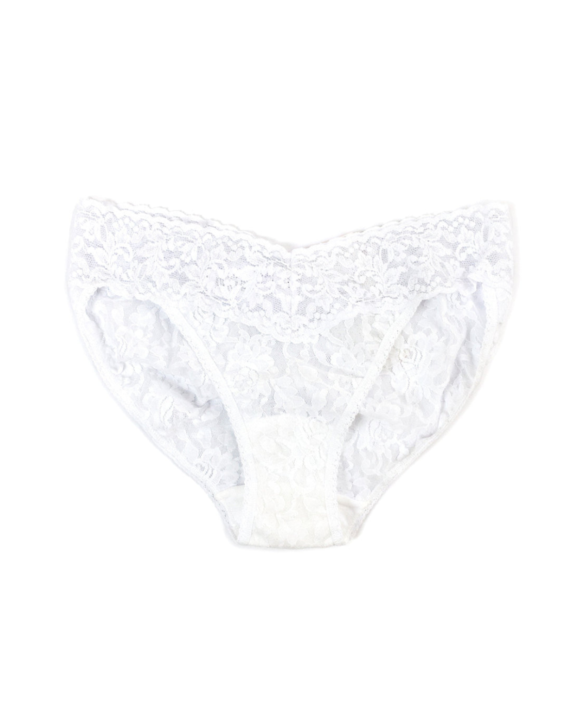 Flat lay of a lace v-kini brief panty in white