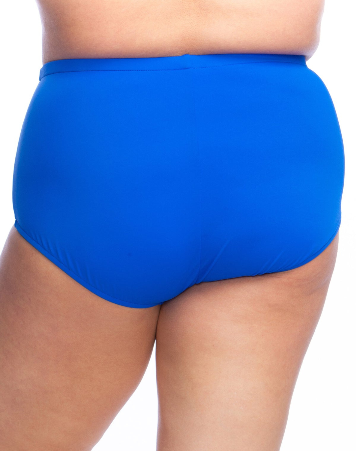 Plus size model wearing a full pant bikini brief in cobalt